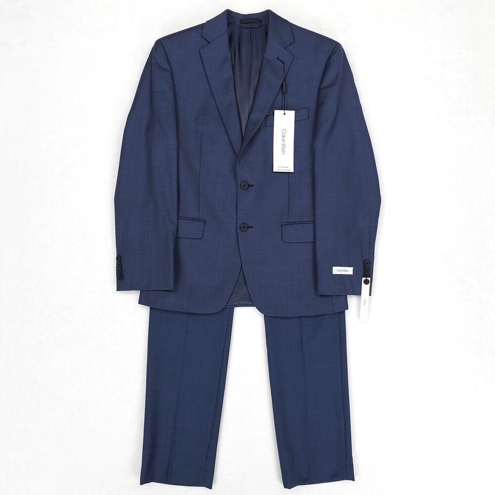 Calvin Klein Mens Slim Fit 2 Piece Suit 36S 30x32 Blue Solid Stretch Wool NWT